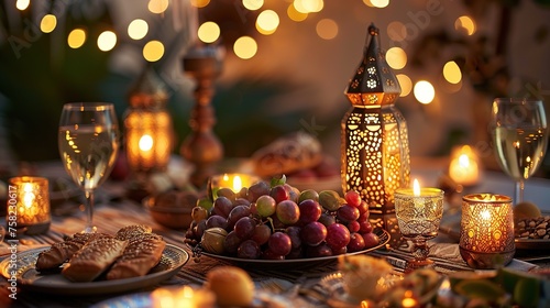 Dining table with ramadan vibes decoration Holy month of Ramadan concept professional advertising food photography