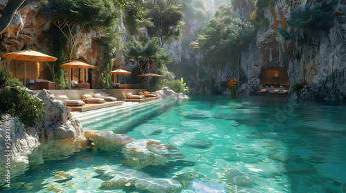 A luxurious relaxation spot featuring a pool in a cave-like setting with lounging areas and natural light