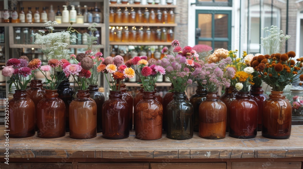  a wooden table topped with lots of vases filled with different types of flowers on top of a wooden table.