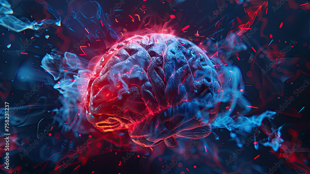 Human brain shows lighting colors and action on black background - obrazy, fototapety, plakaty 