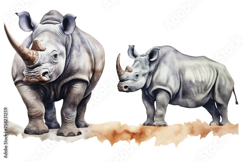 illustration drawn animals rhino background realistic Template African white Art Hand elephant print Watercolor isolated Closeup