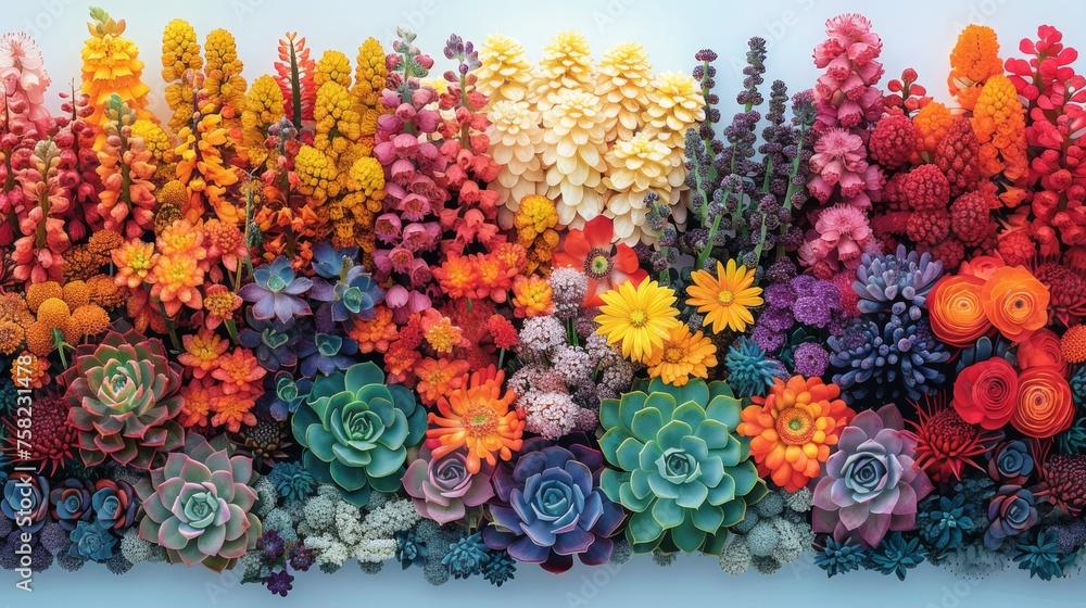  a group of colorful flowers sitting on top of a white table next to each other on top of a white surface.