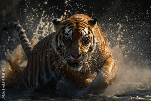 tiger running through water 