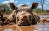 A rhino is resting in the mud while partially submerged in water