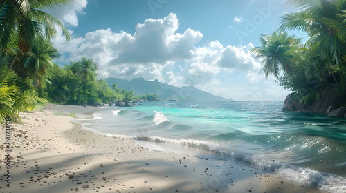 A calm tropical beach with soft sand and gentle waves  under a bright sky with fluffy clouds