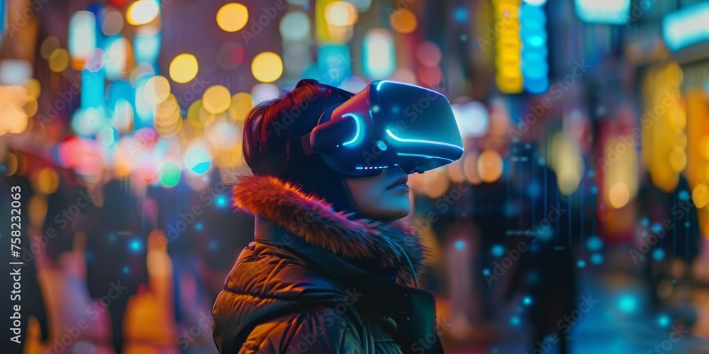 Young woman walking on night street and using Vr virtual reality headset. Future technology, Futuristic tech with metaverse, Future game and entertainment digital technology concept. Generative ai