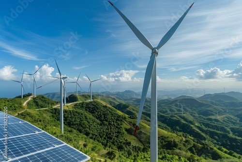 Renewable Energy for a Sustainable Future: Majestic Wind Turbines and Solar Panels Overlooking a Verdant Landscape on Earth Day, Symbolizing Human Innovation in Harmony with Nature