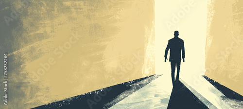 Illustration of man walking out of the darkness toward the light photo