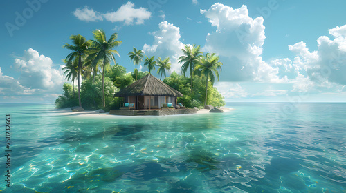 A picturesque scene depicting an idyllic beach house on stilts surrounded by tranquil waters and palm trees on a secluded island