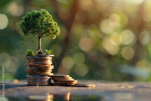 A stack of coins with a small tree sprouting from the top coin photo