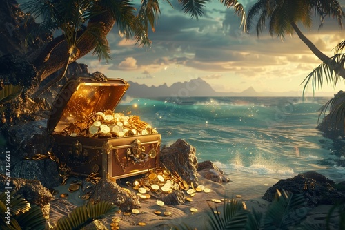 A treasure chest overflowing with gold coins and jewels on a deserted island photo