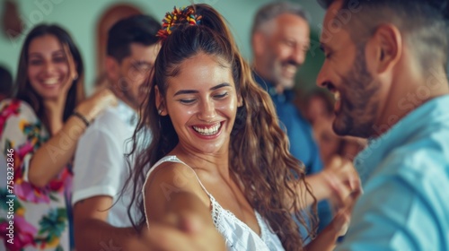 Group of friends enjoying a salsa dancing class in an energetic dance workshop, moving to the rhythm and having a fun together. Generative ai