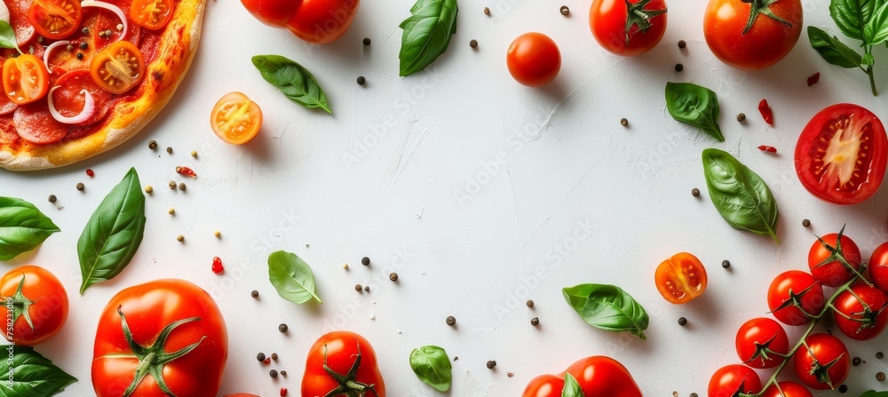 Top view of italian pizza on bright white background with copy space for text placement Top view of italian pizza on bright white background with copy space for text placement