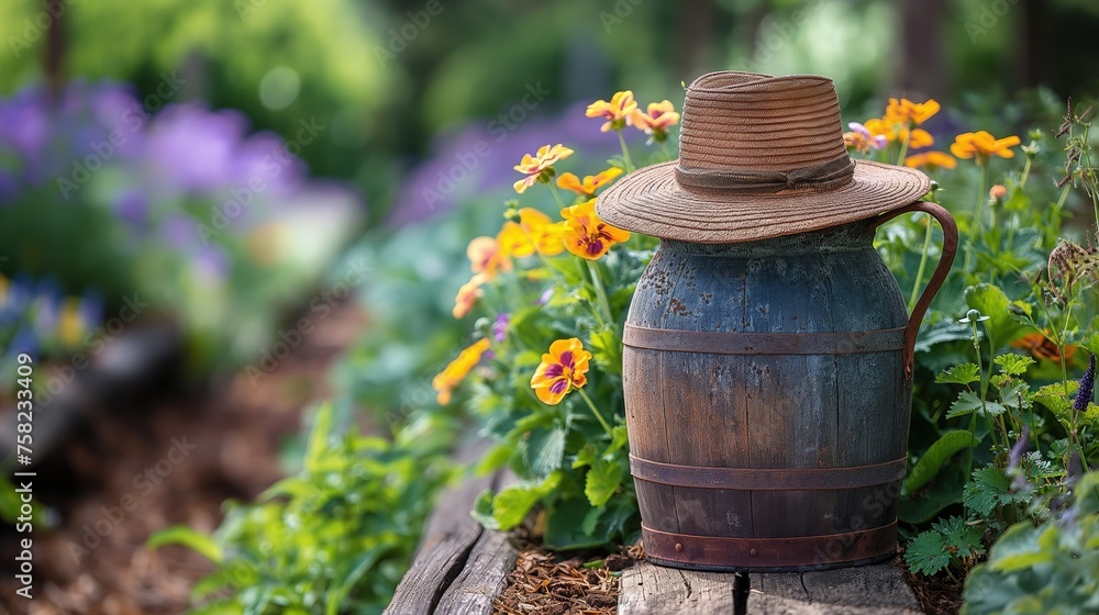 spring flower blossoming garden background, calm peaceful garden scenery with farmer hat on wooden barrel, Generative Ai spring flower blossoming garden background, calm peaceful garden scenery with farmer hat on wooden barrel, Generative Ai
