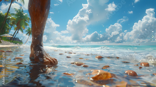 Close up of bare feet walking on a beach scattered with seashells and clear sea water