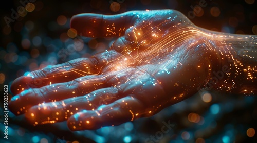 Close up of human hand with glowing hologram. 3D rendering #758233623