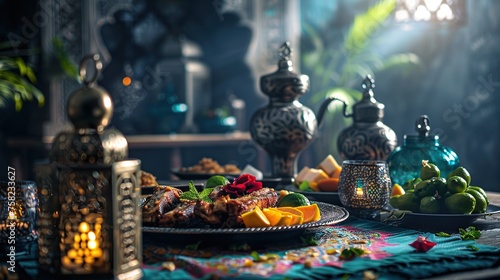 Dining table with ramadan vibes decoration Holy month of Ramadan concept professional advertising food photography generative ai images © SazzadurRahaman