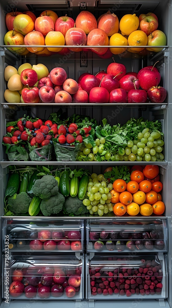 Vibrant and fresh fruits and vegetables organized in refrigerator shelves. healthy food choices, clean eating concept. bright colorful image. AI Vibrant and fresh fruits and vegetables organized in refrigerator shelves. healthy food choices, clean eating concept. bright colorful image. AI