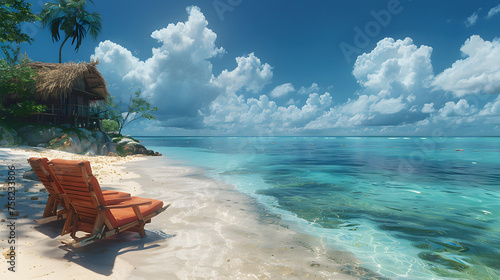 A tranquil beach scene with clear blue waters  fluffy clouds  and a single wooden sun lounger under a straw hut