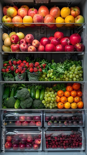 Vibrant and fresh fruits and vegetables organized in refrigerator shelves. healthy food choices  clean eating concept. bright colorful image. AI