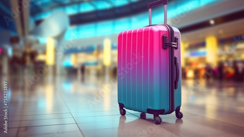 Colorful suitcase luggage with blurred at airport. Minimal travel suitcase accessories concept.