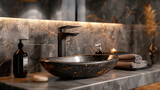 interior design of a modern bathroom with gray marble and black ceramic granite sink in loft style