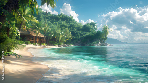 Idyllic scene of a hidden bungalow by the beach surrounded by tropical flora, evoking a sense of peace