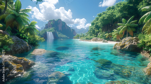 A serene tropical landscape with cascading waterfalls, towering cliffs, and lush greenery reflecting on crystal-clear waters
