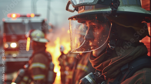 Close-up of a firefighter in gear against a backdrop of firetrucks and fire, face obscured, highlighting bravery and urgency photo