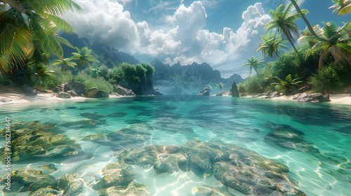 Beautiful digital simulation of a tropical beach with crystal clear water and lush surroundings