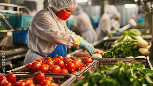person in the supermarket, Workers in a vegetable processing plant canning and packaging vegetables. 
