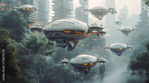 Fleet of autonomous drones with glowing elements navigating through a foggy cityscape with lush greenery.