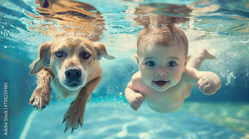 A baby and dog swimming in the pool, underwater photography, cute expression, high definition photography, bright colors, natural light, blue water surface, clear details