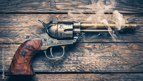 Smoking Colt revolver with a wooden grip on a wooden background. photo