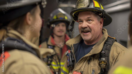 Smiling firefighter conversing with teammates at fire department