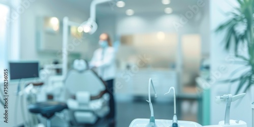 The blurred background of the dental clinic. Unfocused interior of a modern dental office for a website or advertisement