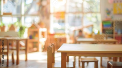 The blurred background of the kindergarten. The unfocused interior of a modern preschool education room photo