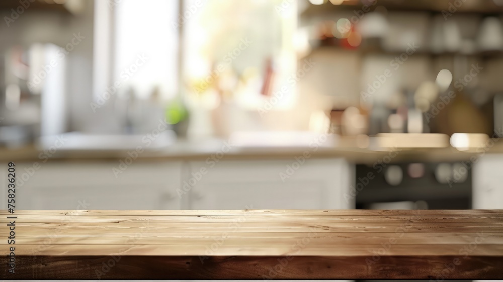 Wooden countertop on a blurred kitchen background. A table without presets for product presentation Wooden countertop on a blurred kitchen background. A table without presets for product presentation