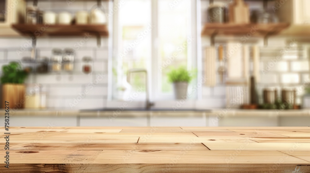 A wooden table, a construction site on a blurred background of a kitchen bench. An empty table to present the product and a blurred kitchen background A wooden table, a construction site on a blurred background of a kitchen bench. An empty table to present the product and a blurred kitchen background