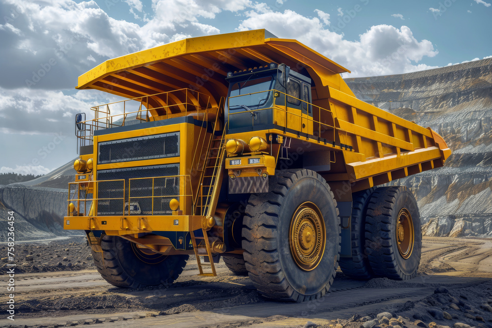 A mining dump truck traverses through the quarry, its massive tires gripping the rough terrain as it carries loads of earth and minerals, symbolizing the efficiency and power of the mining industry. A mining dump truck traverses through the quarry, its massive tires gripping the rough terrain as it carries loads of earth and minerals, symbolizing the efficiency and power of the mining industry.