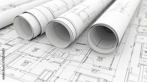 Detailed architectural blueprint roll featuring precise technical project drawing