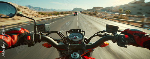 A motorcyclist rides along an asphalt road, offering a first-person view of the journey. © Evgeniia