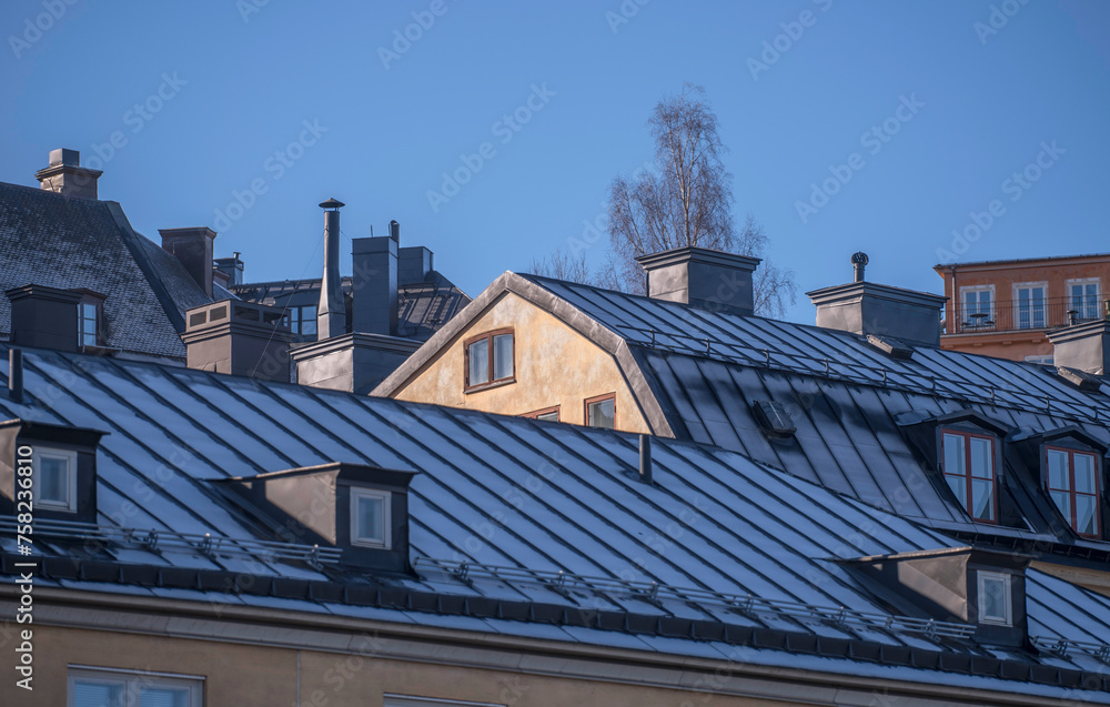 Facades and frosty tin roof with dorms and chimneys in the district Mariaberget, a sunny winter day in Stockholm