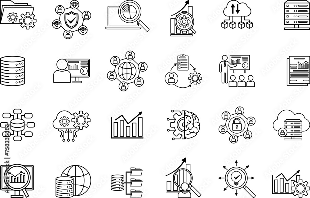 Fototapeta premium Data Analytics Icons Set. Vector Icons of Monitoring, Network, Server, Database, Cybersecurity, Data Management, Hosting, API, and Other