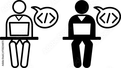 Programmer icons. Black and White Vector Icons of a Man Working on a Laptop. Programming and Coding Concept