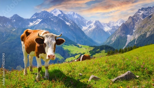  cow against the backdrop of alpine mountains and meadows  farm animals 