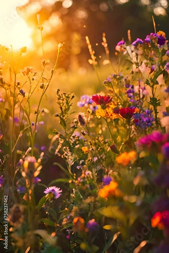 a field of wildflowers and daisies in the sunlight