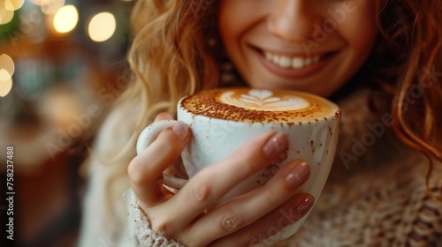 Close-up of a happy young woman enjoying a cappuccino in a coffee shop  Aromatic and cheerful delight for coffee  real photo  stock photography ai generative high quality images
