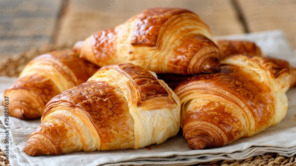 French croissant closeup view   freshly baked pastry from france for food photography and menus.