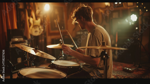 An absorbed drummer rehearses intensely in the warm atmosphere of an inviting music studio photo
